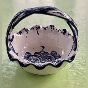 Vintage Ceramic Alcobaca Portugal Blue White Basket